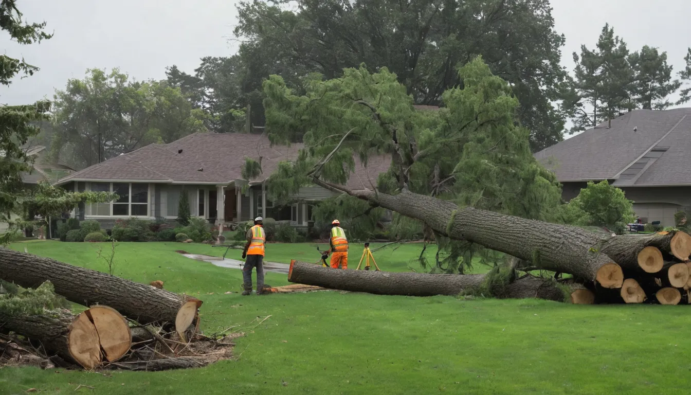 Fallen tree being cut up in a residential yard after a storm in Minneapolis