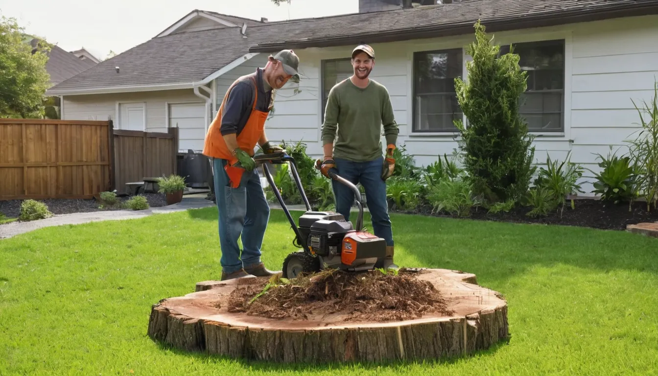 A homeowner and a local provider looking at an old tree stump in a backyard in Minneapolis